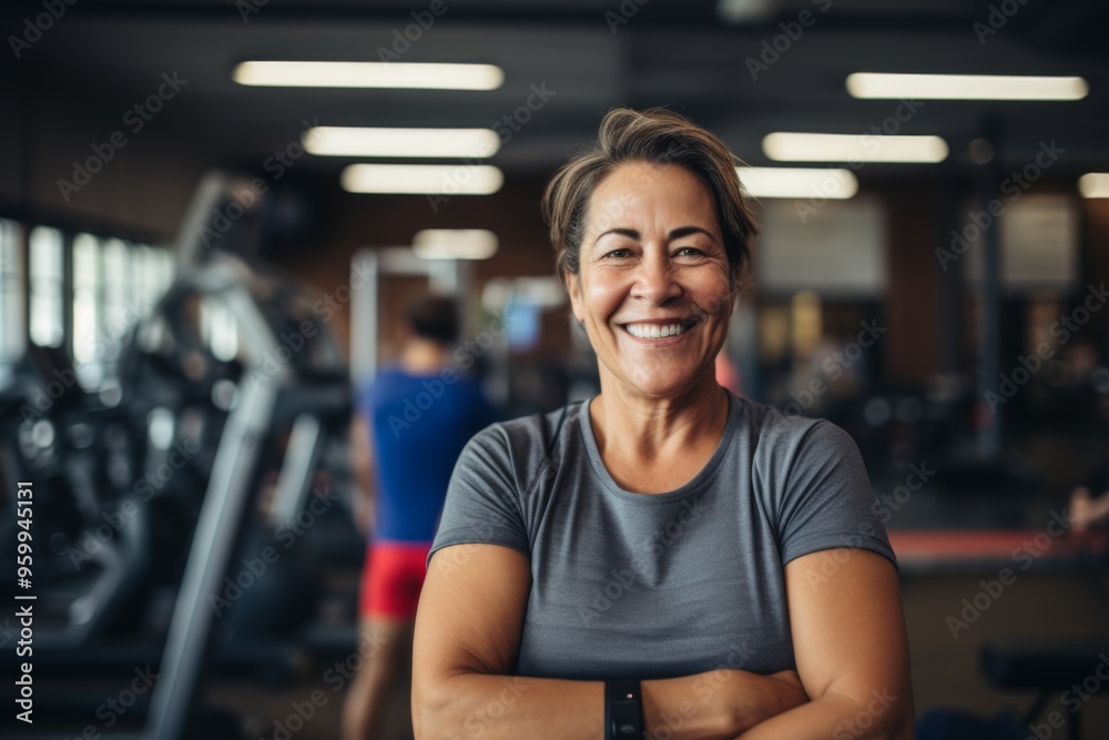 Smiling portrait of a middle aged slightly overweight woman in gym Smiling portrait of a middle aged slightly overweight woman in gym