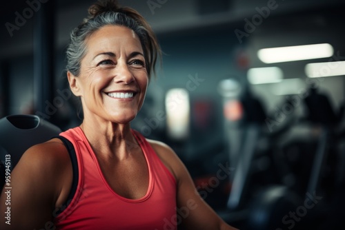 Smiling portrait of a middle aged slightly overweight woman in gym