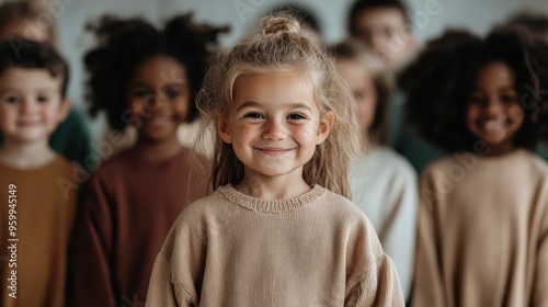 A young girl with a top knot hairstyle, smiling brightly, wearing a beige sweater, standing among other children, symbolizing innocence, positivity, and warmth in a classroom setting.