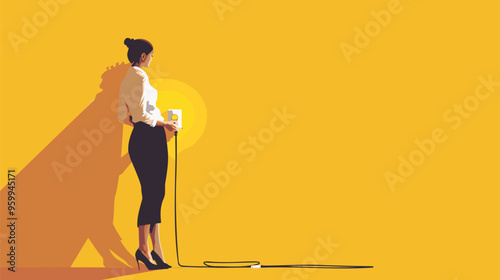 Businesswoman Connecting Electric Wire to Socket, Initiating Startup Launch with a Rocket Metaphor