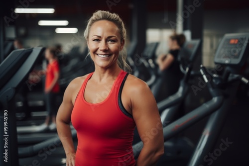 Smiling portrait of a middle aged slightly overweight woman in gym