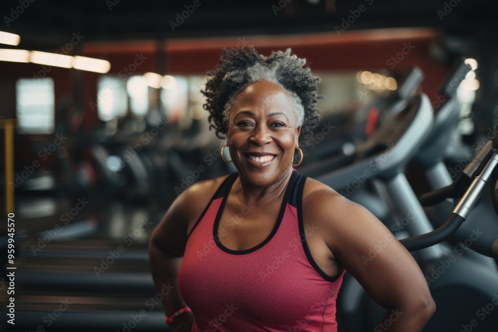 Smiling portrait of a middle aged slightly overweight woman in gym Smiling portrait of a middle aged slightly overweight woman in gym