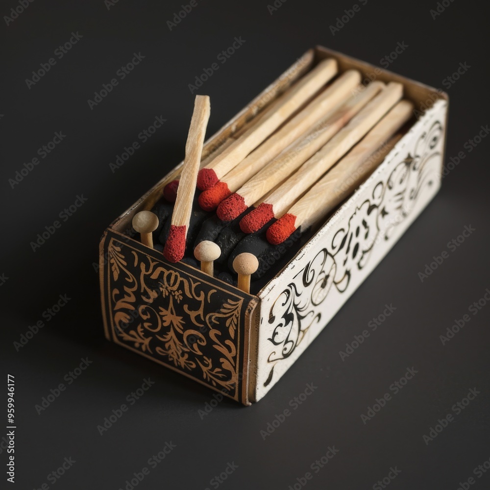 Antique matchbox adorned with baroque patterns and red-tipped matches, showcasing classic elegance and refined craftsmanship. Ideal for vintage enthusiasts and interior decoration.