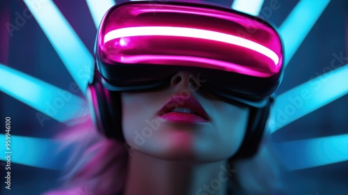 Individual immersed in a virtual reality experience wearing a modern VR headset with vibrant neon lighting in the background, representing futuristic technology and gaming. photo