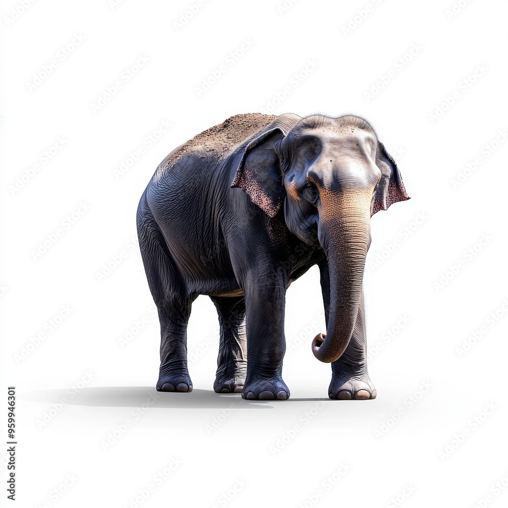 Fototapeta premium A majestic elephant standing on a white background, capturing its grandeur, strength, and calm presence.
