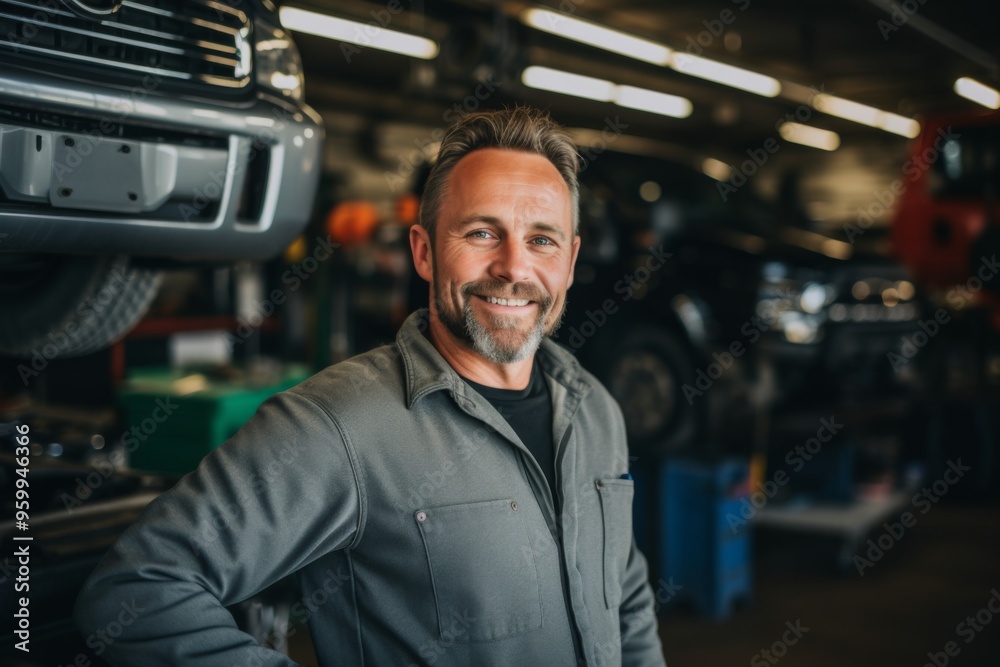 Portrait of a middle aged male car mechanic in workshop Portrait of a middle aged male car mechanic in workshop