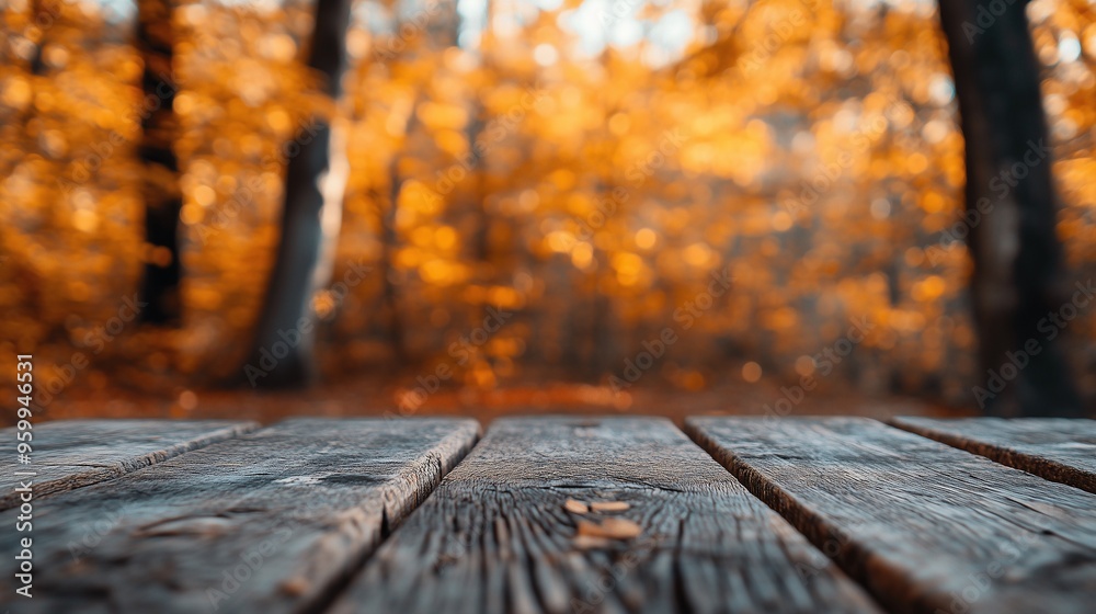 empty old plank board table with blur autumn forest background empty old plank board table with blur autumn forest background