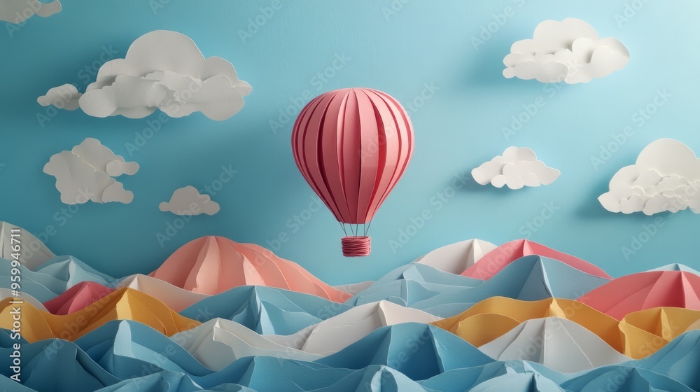 Paper Dreams: A Hot Air Balloon Soars Over a Paper World