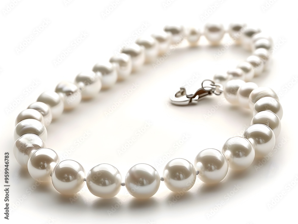 Elegant Pearl Necklace with Silver Clasp on White Background Elegant Pearl Necklace with Silver Clasp on White Background
