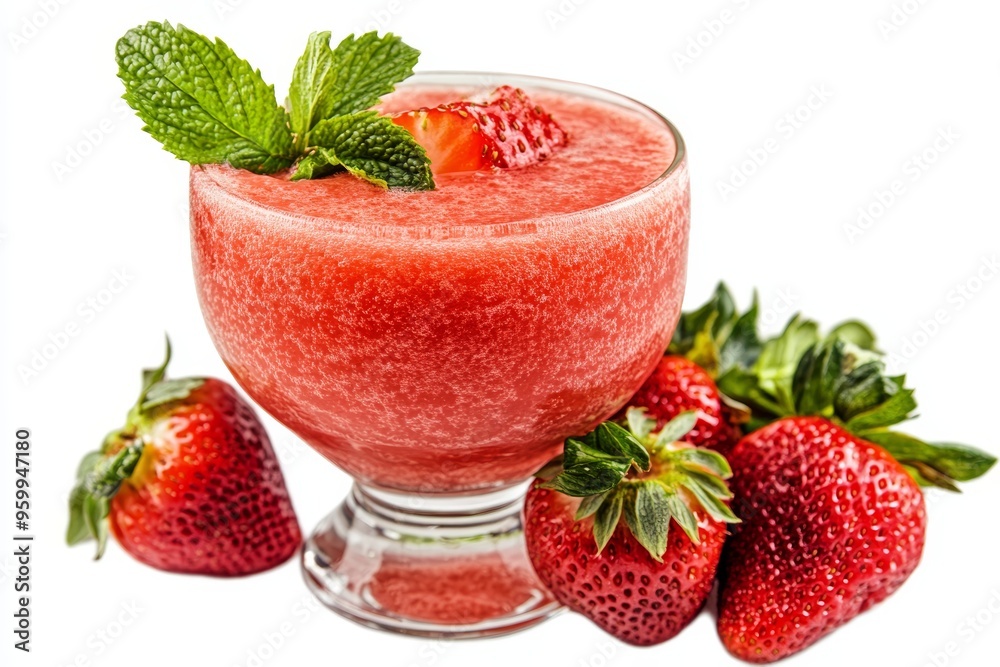 Refreshing Strawberry Smoothie in a Glass, Garnished with Fresh Mint. Isolated on White Background. Refreshing Strawberry Smoothie in a Glass, Garnished with Fresh Mint. Isolated on White Background.