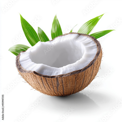 A freshly cracked half-coconut with lush green leaves, set against a white background, highlighting its tropical appeal.