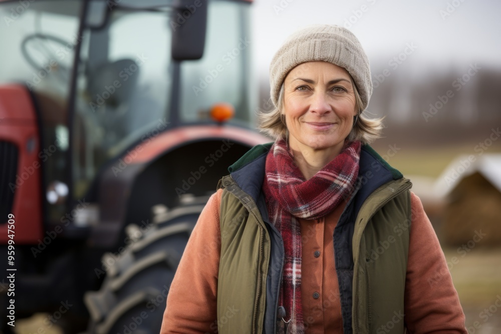Portrait of a smiling middle aged female farmer standing next to tractor Portrait of a smiling middle aged female farmer standing next to tractor