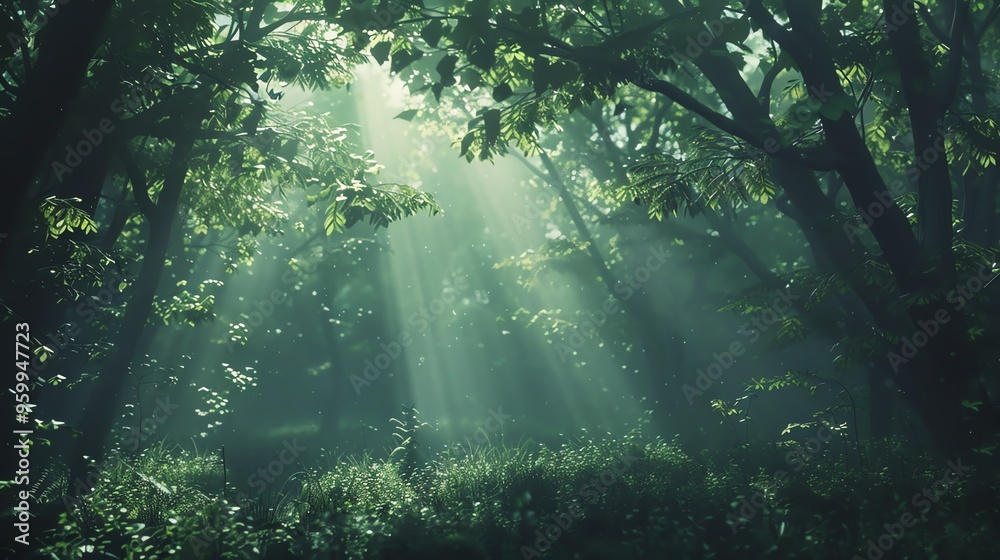 Fototapeta premium Sunbeams shining through the trees in a lush forest.