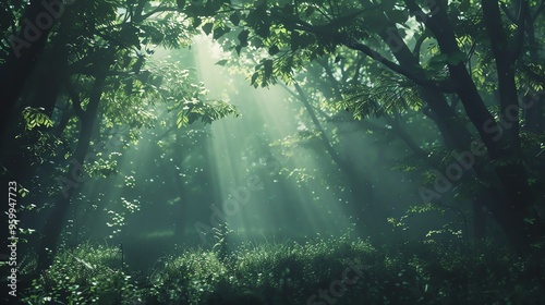 Sunbeams shining through the trees in a lush forest.