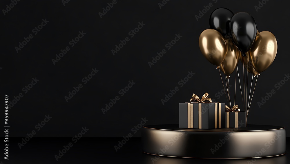 Black and gold podium with balloons, gifts on a black background for product presentation Black and gold podium with balloons, gifts on a black background for product presentation