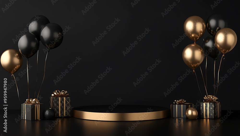 Black and gold podium with balloons, gifts on a black background for product presentation Black and gold podium with balloons, gifts on a black background for product presentation