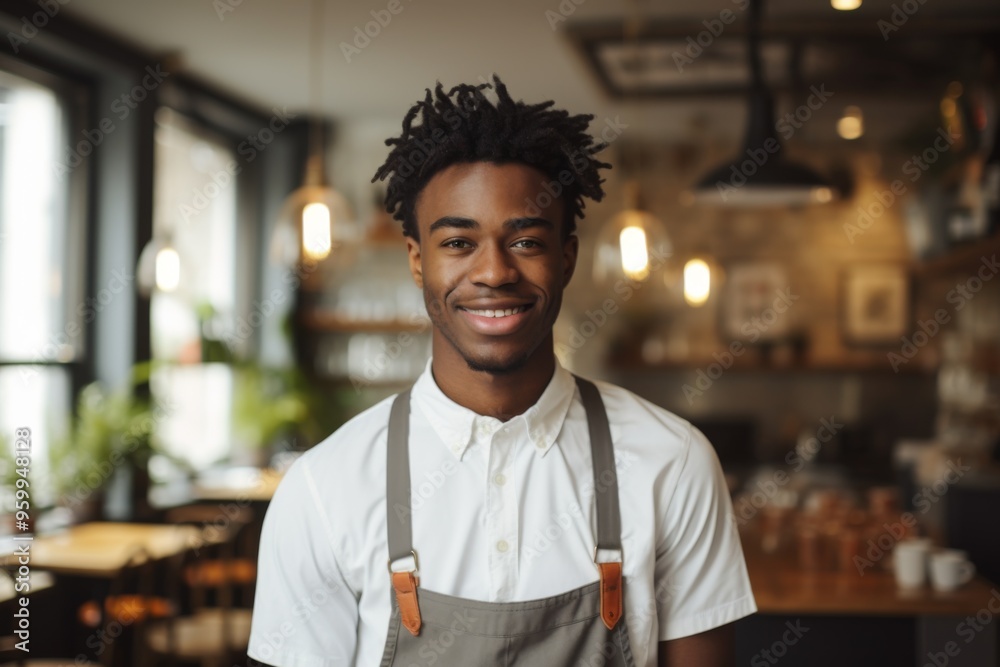 Fototapeta premium Portrait of a smiling young male barista in cafe