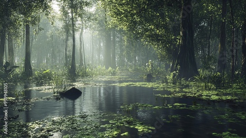 A tranquil forest clearing with a clear stream.