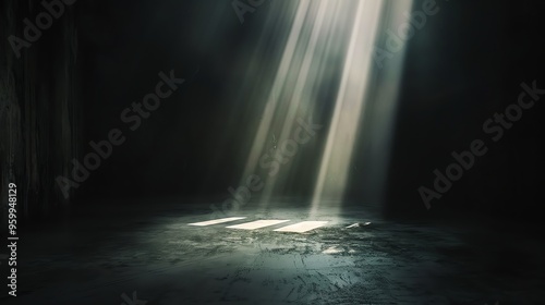 A beam of light shines through a skylight in a dark room.