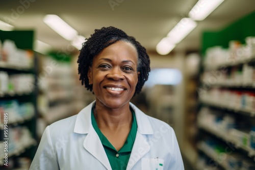 Smiling portrait of a middle aged female pharmacy worker