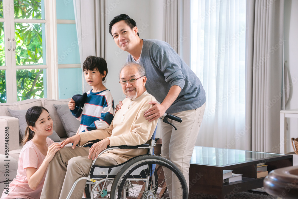 Family Moments, Happy Asian Seniors Enjoying Retirement Together at Home, Grandfather Share Loving Hugs with Family, Smiles and Care for Elderly Health, Embracing a Joyful Lifestyle Family Moments, Happy Asian Seniors Enjoying Retirement Together at Home, Grandfather Share Loving Hugs with Family, Smiles and Care for Elderly Health, Embracing a Joyful Lifestyle
