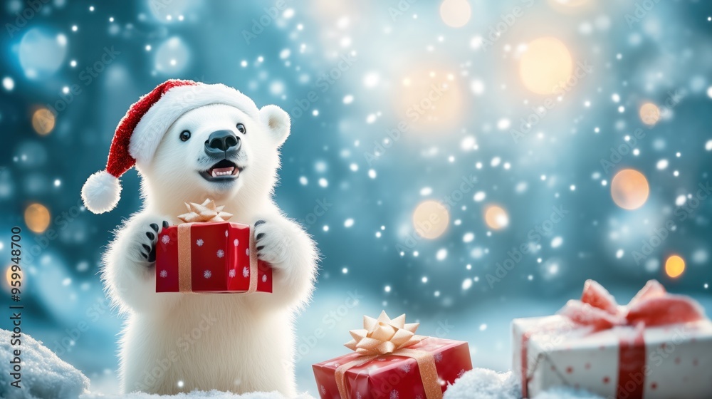 Polar bear cub in a Santa hat holding a gift box in a snowy festive scene with bokeh lights in the background