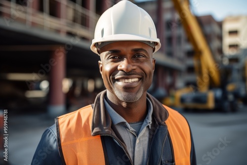 Portrait of a smiling middle aged businessman on construction site