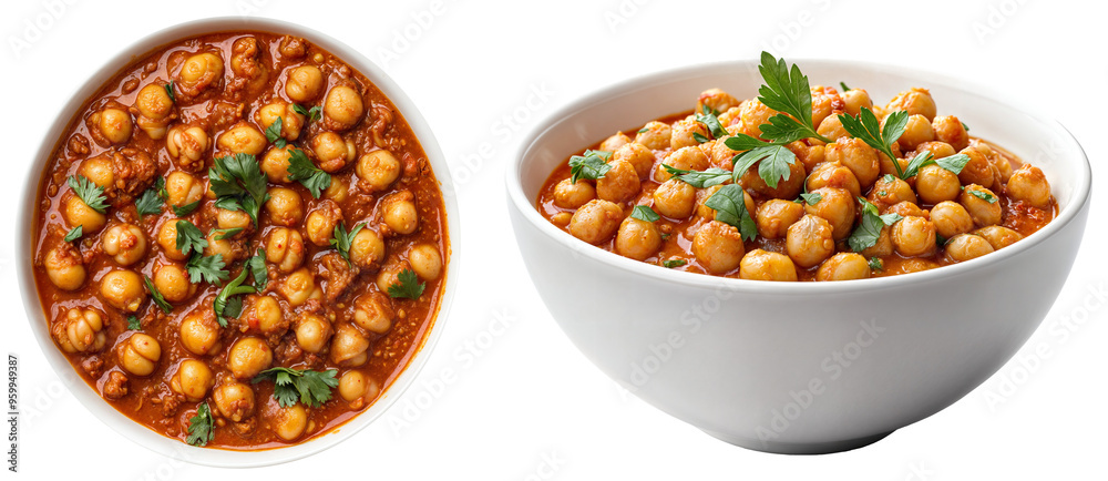 Top view and side view of chana masala, a spicy chickpea curry garnished with fresh cilantro, served in white bowls on a transparent background, ideal for food design projects Top view and side view of chana masala, a spicy chickpea curry garnished with fresh cilantro, served in white bowls on a transparent background, ideal for food design projects