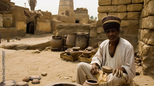 Potter from ancient Egypt handcrafting pottery by hand with a focus on traditional coiling and slipcasting techniques photo