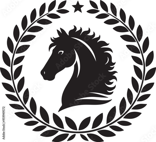 horse laurel wreath,elegant vector style,silhouette vector,black and white color