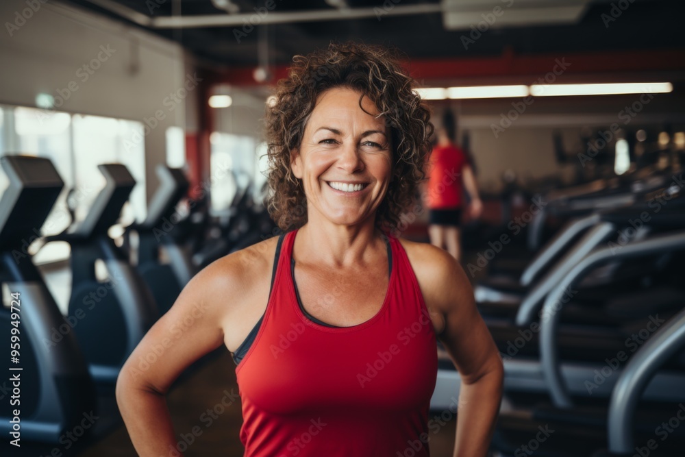 Fototapeta premium Smiling portrait of a middle aged slightly overweight woman in gym