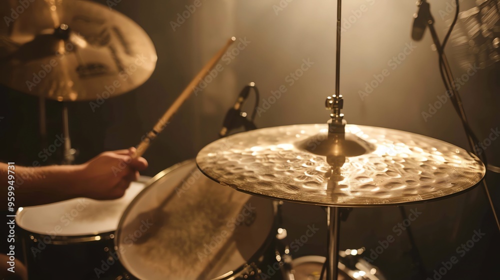 Fototapeta premium Close-up of a drum set on a stage.