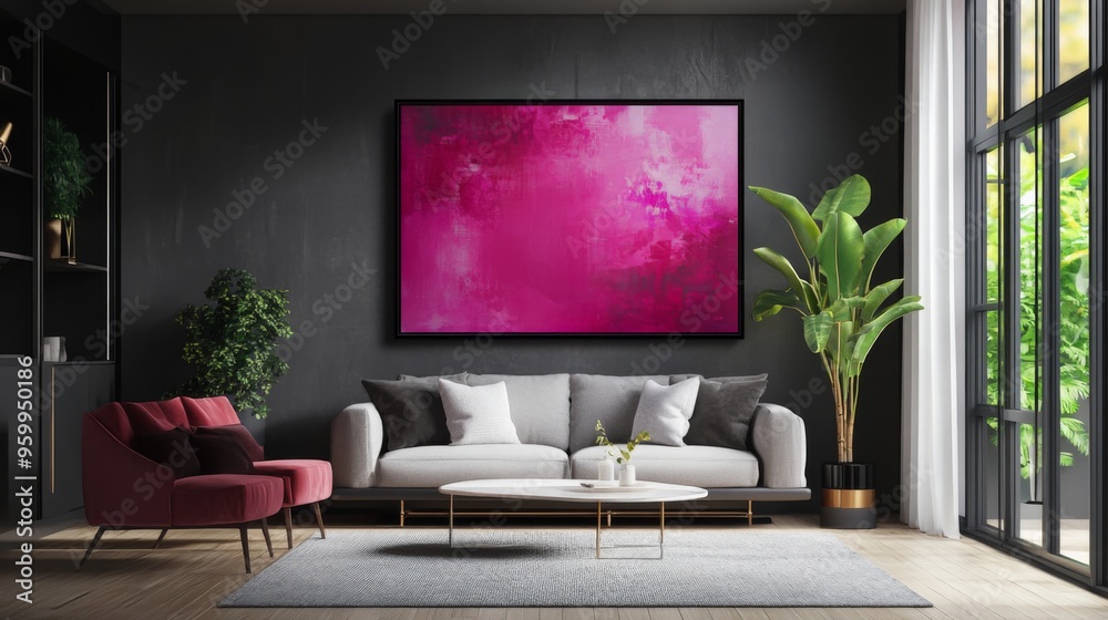 Fototapeta premium A stylish pink abstract artwork displayed in a contemporary living room, adding a pop of color and a touch of sophistication