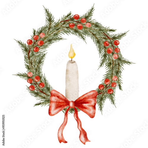 Christmas wreath with candle and red bow, watercolor vector hand drawn 