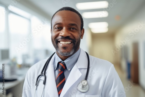 Portrait of a smiling middle aged male doctor in hospital