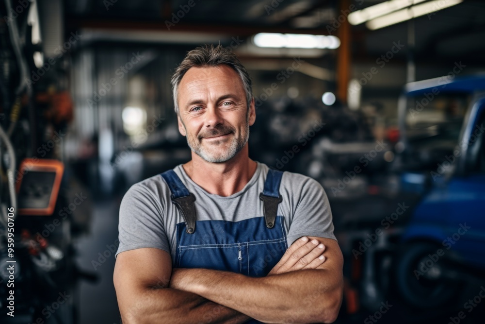 Portrait of a middle aged male car mechanic in workshop Portrait of a middle aged male car mechanic in workshop