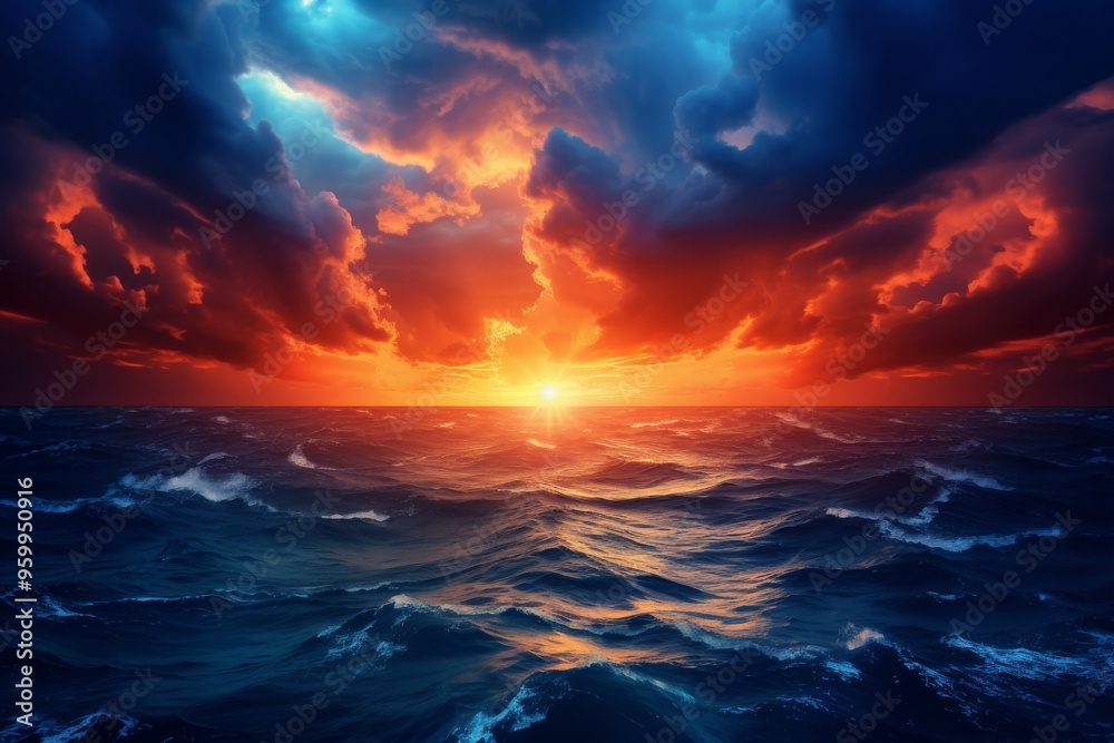 Dramatic sunset over ocean waves with vibrant clouds during twilight hours Dramatic sunset over ocean waves with vibrant clouds during twilight hours