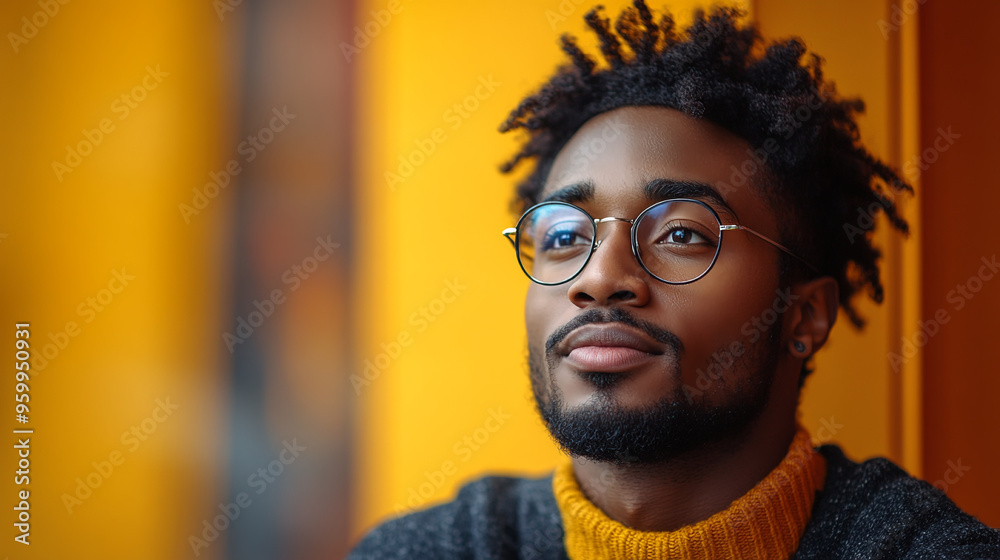 Dark-skinned man with black dreadlocks on his head on a yellow background close-up Dark-skinned man with black dreadlocks on his head on a yellow background close-up