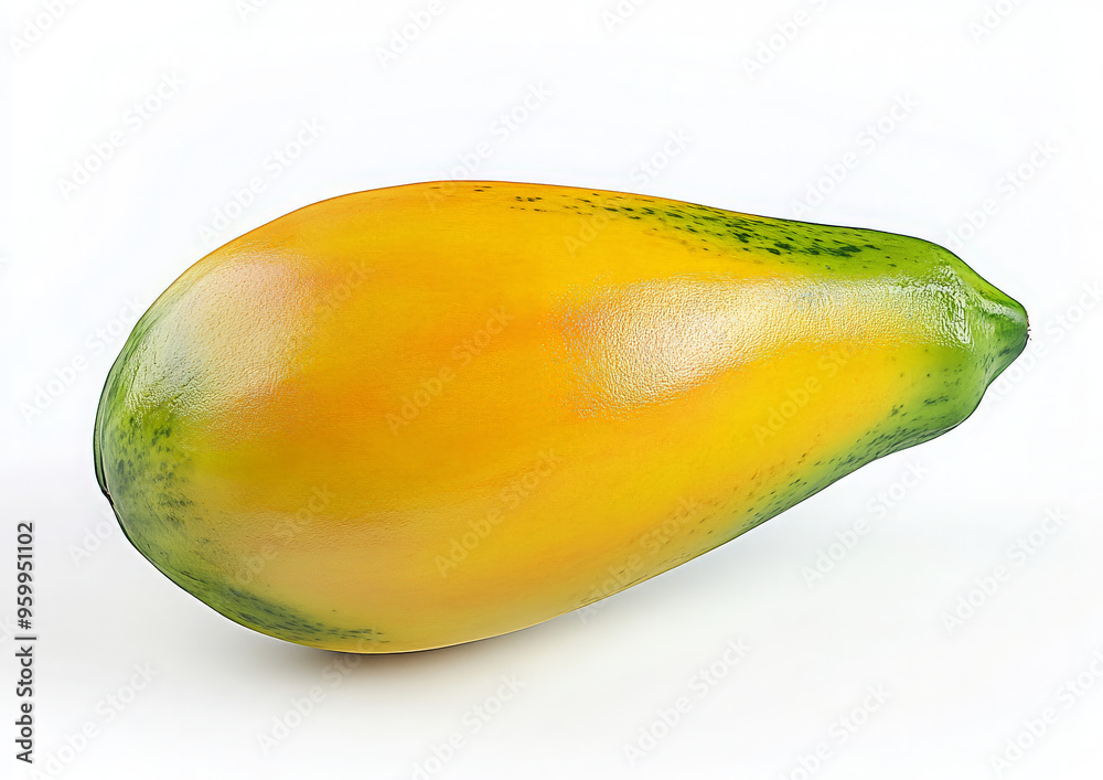 A single, ripe papaya with yellow skin and green spots on a white background. A single, ripe papaya with yellow skin and green spots on a white background.