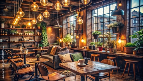 Cozy ambient coffee shop interior with rustic wooden tables, vintage decorations, and warm lighting, evoking a sense of comfort and tranquility.