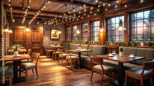 Cozy And Inviting Small Restaurant Interior With Rustic Wooden Accents, Cozy Seating Booths, And Twinkling String Lights Creating A Warm And Intimate Ambiance.