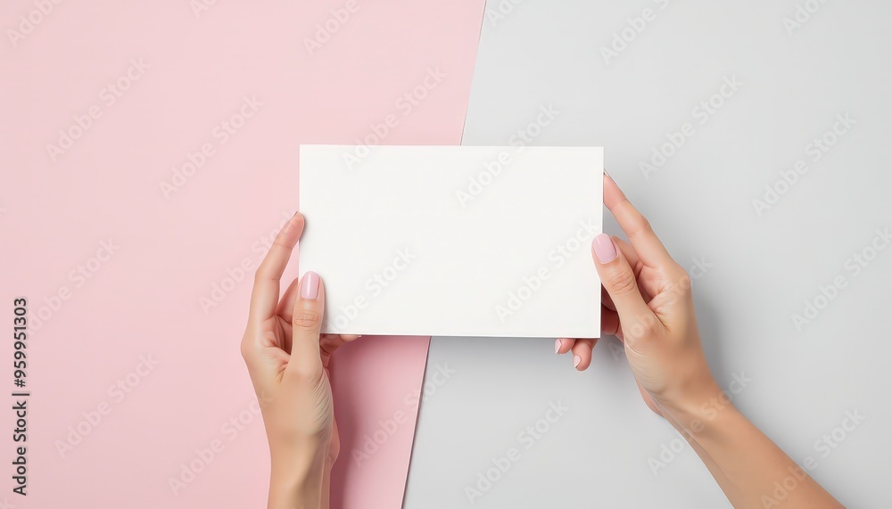Obraz premium Hand holding a blank white card isolated on a pastel background