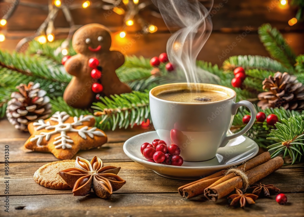 Cozy Holiday Scene Showcasing A Steaming Cup Of Coffee Adorned With Christmas Decorations And Gingerbread Cookies Cozy Holiday Scene Showcasing A Steaming Cup Of Coffee Adorned With Christmas Decorations And Gingerbread Cookies