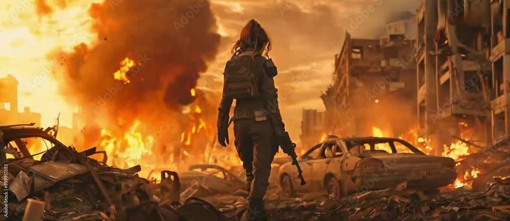Women in sci-fi amour standing in an apocalyptic scene with debris, smoke, and fire in the aftermath of war.