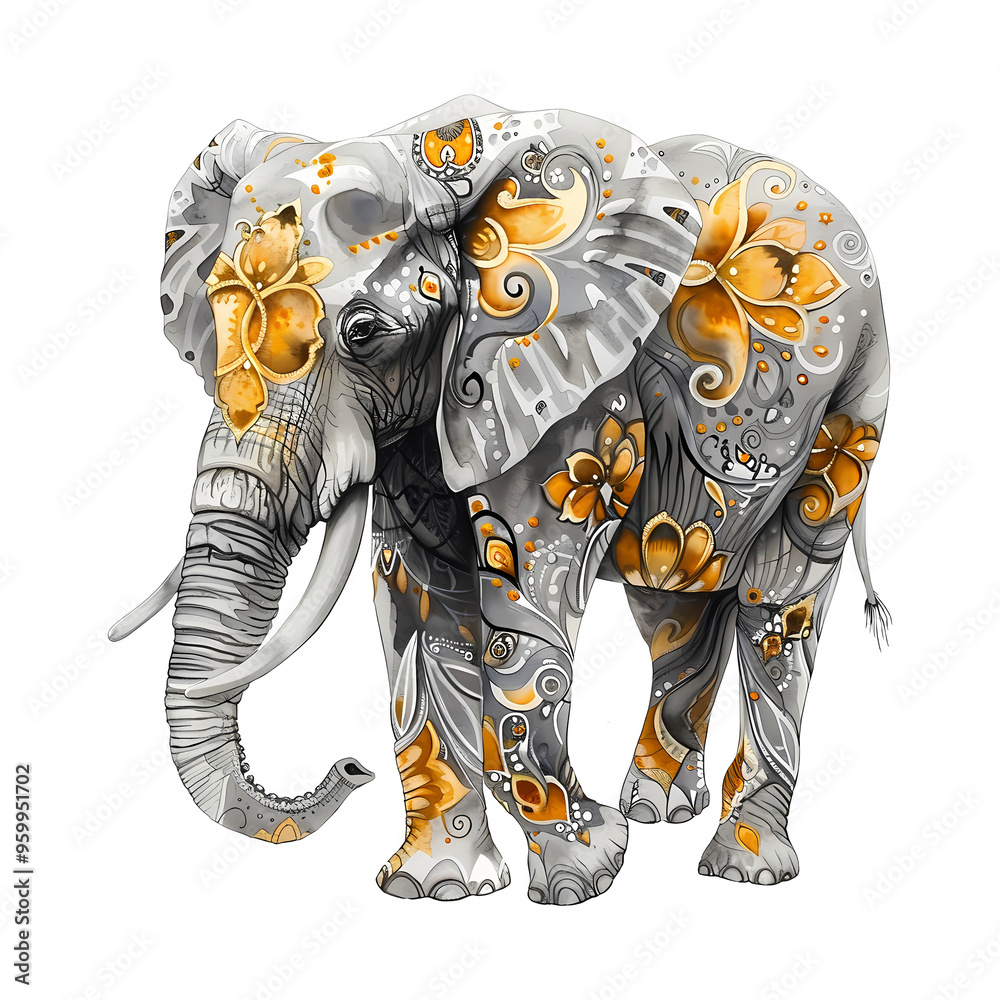Obraz premium Watercolor пкун grey elephant with golden pattern isolated on transparent background. Ganesh Chaturthi. Elephant festival in India. illustration in tribal or boho style for design