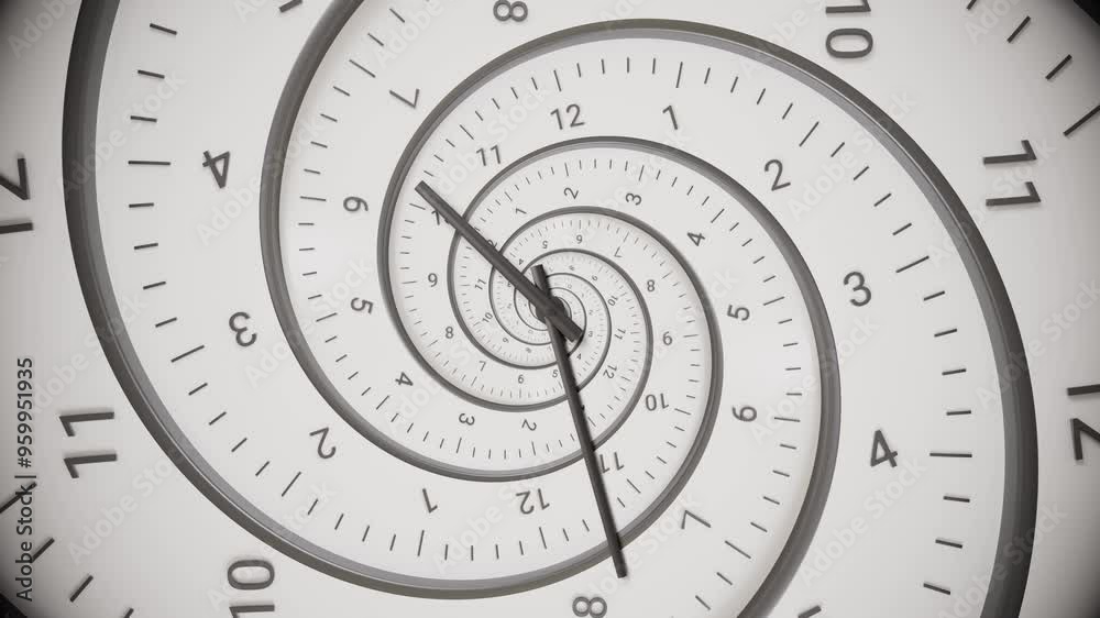 Chaotically rotating clock hands and dial. Abstract modern white spiral clock dial with arabic numerals. Concept of Infinite time, deadline, scheduling, time and space, past, present and future. Chaotically rotating clock hands and dial. Abstract modern white spiral clock dial with arabic numerals. Concept of Infinite time, deadline, scheduling, time and space, past, present and future.