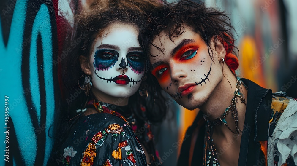 Young couple with face paint embracing each other against a colorful graffiti wall Young couple with face paint embracing each other against a colorful graffiti wall