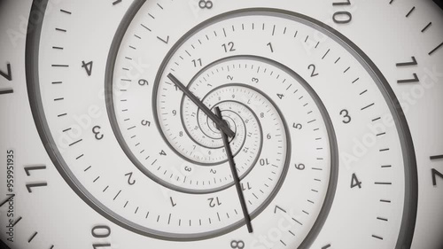 Chaotically rotating clock hands and dial. Abstract modern white spiral clock dial with arabic numerals. Concept of Infinite time, deadline, scheduling, time and space, past, present and future.