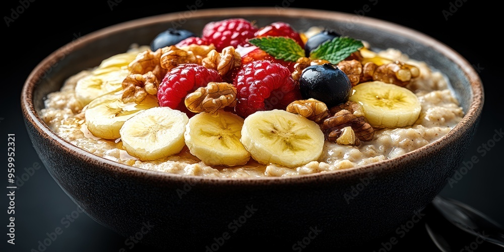 Bowl of Oatmeal with Banana, Raspberries, Blueberries, and Walnuts Bowl of Oatmeal with Banana, Raspberries, Blueberries, and Walnuts