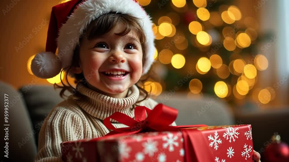 A joyful child in a Santa hat unwrapping Christmas gifts by a decorated tree A joyful child in a Santa hat unwrapping Christmas gifts by a decorated tree